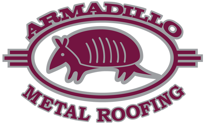 Armadillo Metal Roofing logo featuring a purple armadillo illustration inside an oval badge