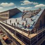 a team of professional roofers repairing a large commercial metal roof on a historic warehouse.
