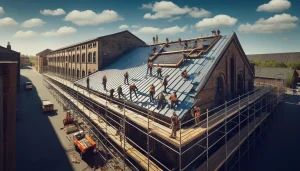 Professional roofers repairing a large commercial metal roof on a historic warehouse.