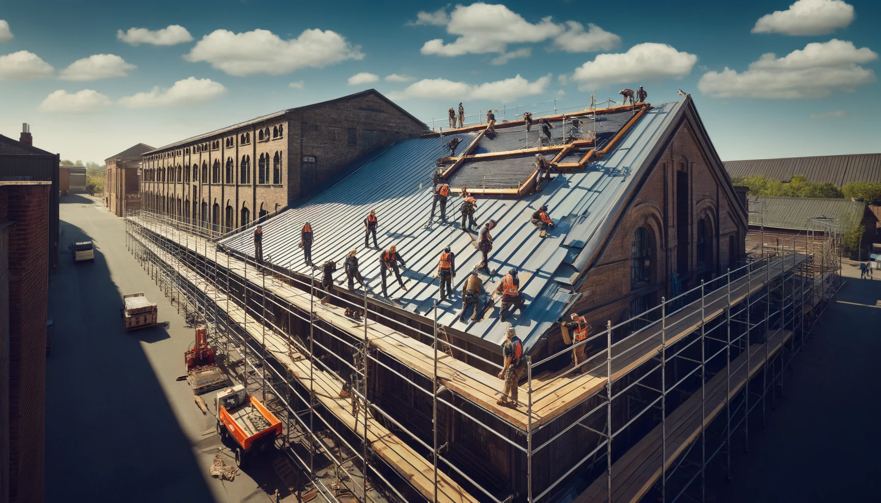 Professional roofers repairing a large commercial metal roof on a historic warehouse.