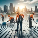 Team of professional roofers installing metal roof panels on a commercial building with city skyline