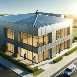 Modern commercial building with sleek newly installed metal roof and exterior restoration.
