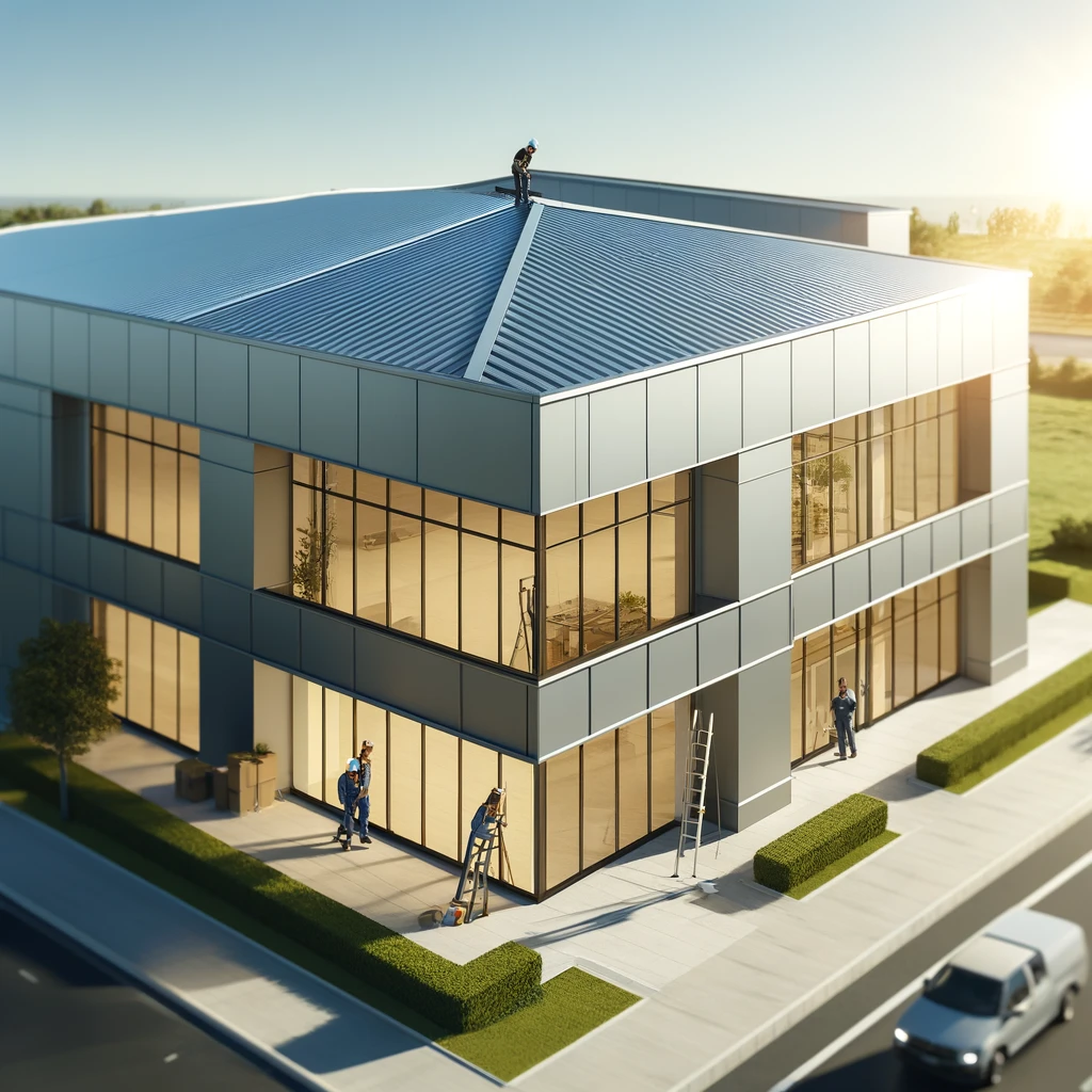 Modern commercial building with sleek newly installed metal roof and exterior restoration.