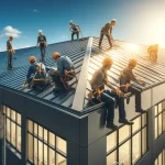 Team of roofers installing metal panels on a commercial building roof on a sunny day