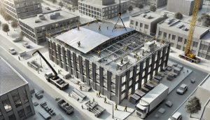 Commercial building with metal roof installation in progress, workers and crane on site.