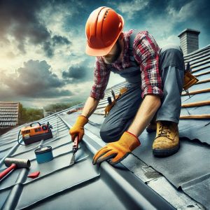 Professional roofer repairing commercial metal roof, demonstrating expert techniques and safety gear.