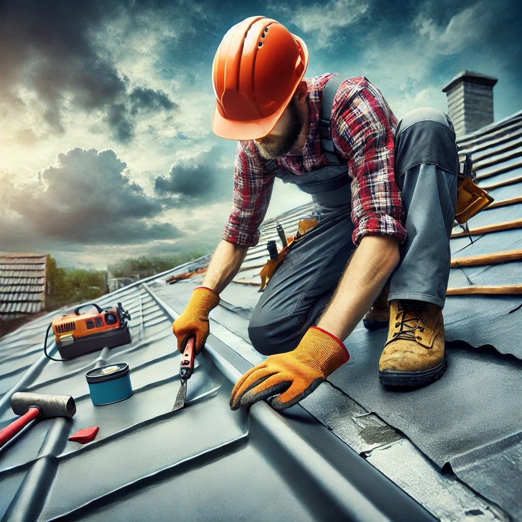 Professional roofer repairing commercial metal roof, demonstrating expert techniques and safety gear.