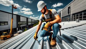 Professional roofing contractor inspecting a commercial metal roof, ensuring durability and performance.