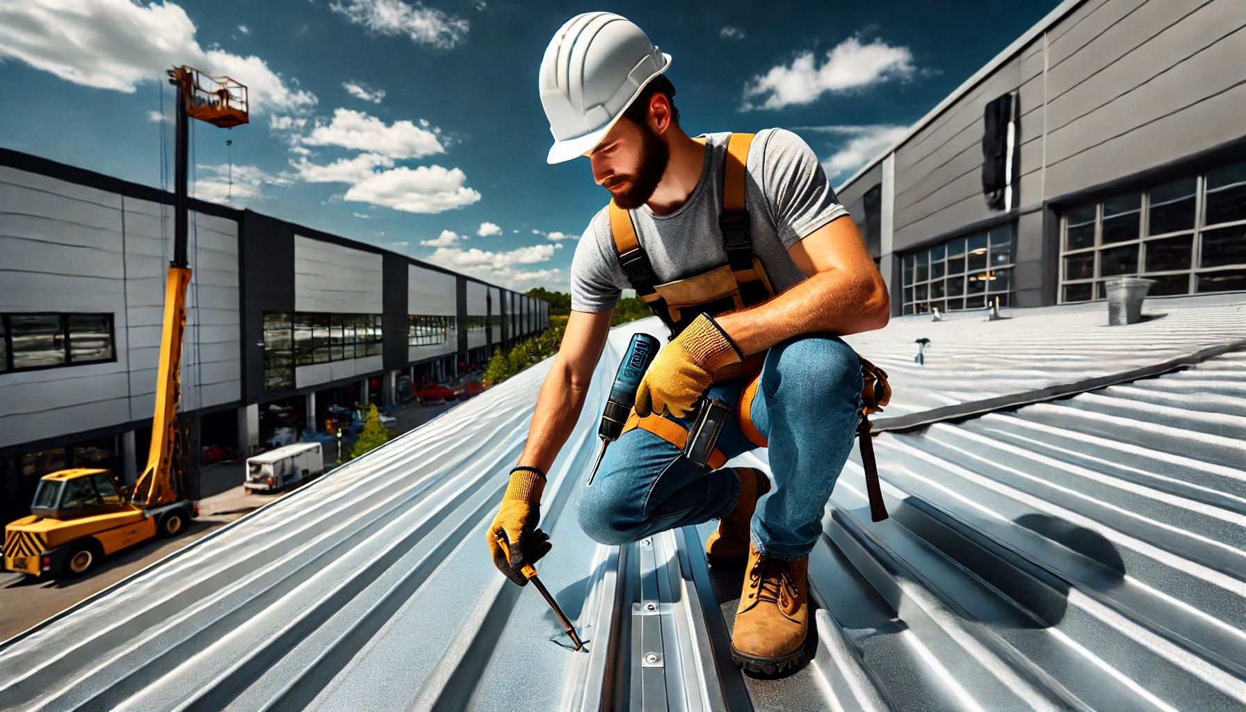 Professional roofing contractor inspecting a commercial metal roof, ensuring durability and performance.