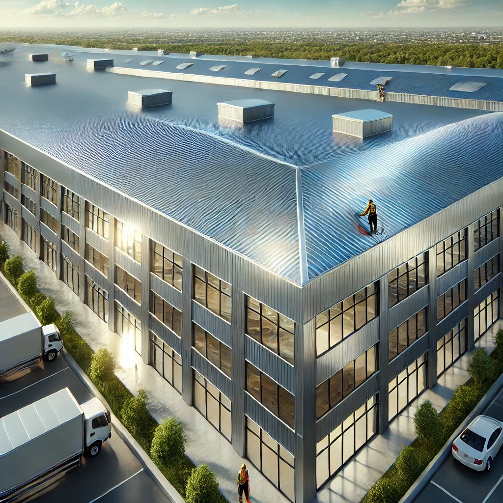 Commercial building with newly restored, shiny metal roof showcasing modern finish.