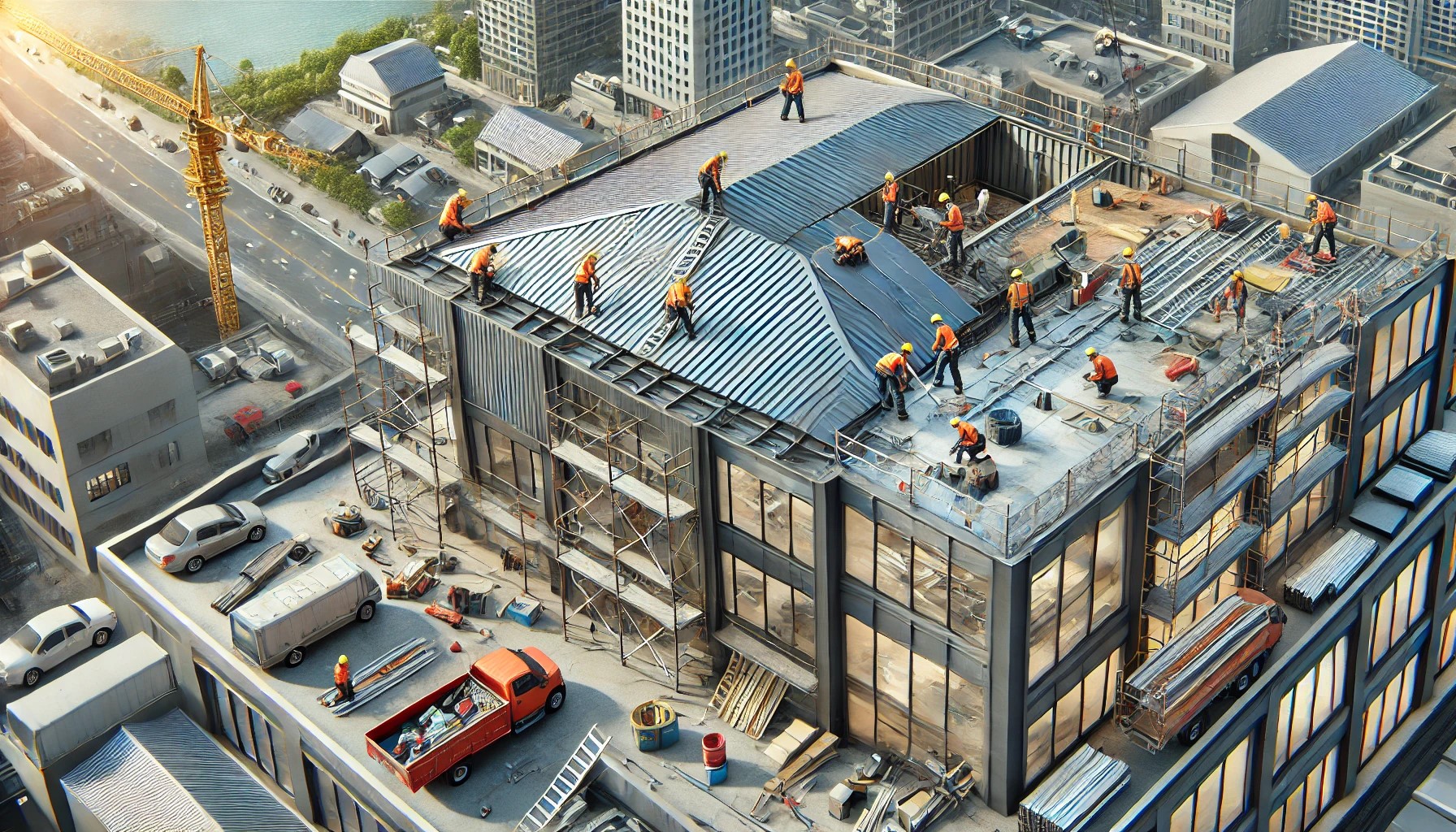 Commercial building metal roof replacement with construction workers in safety gear.