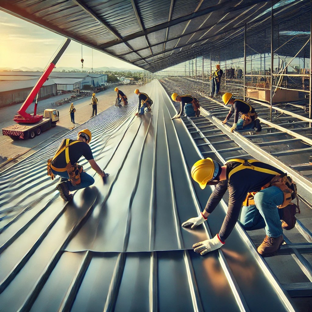 Commercial roofing crew installing metal roof on large building, demonstrating durable roofing solutions.