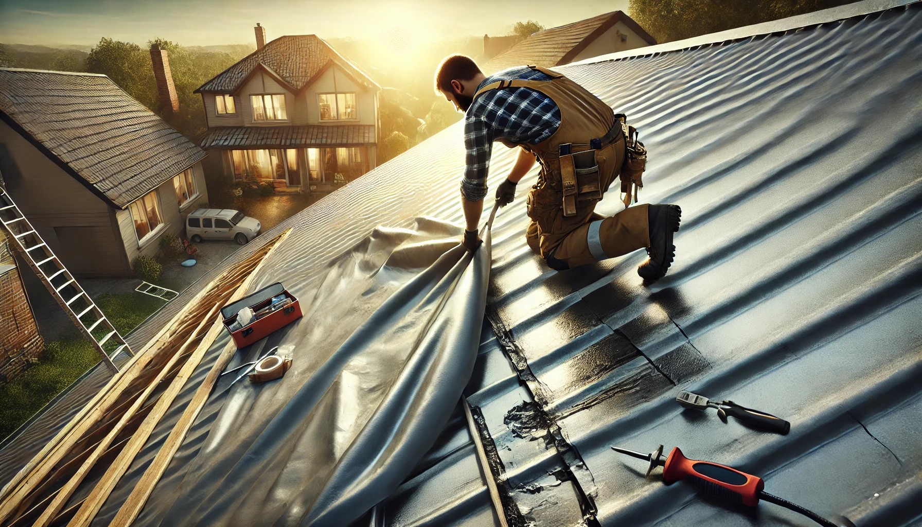 Contractor securing tarp over damaged metal roof during emergency repair.