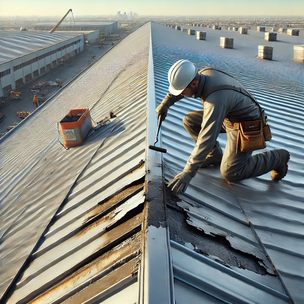 Commercial metal roof repair in progress, worker inspecting damaged roofing panels.