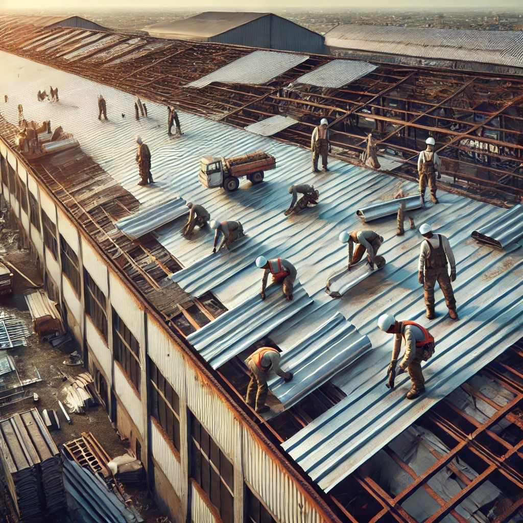 Commercial building undergoing metal roof replacement with workers installing shiny metal panels and old rusted metal.
