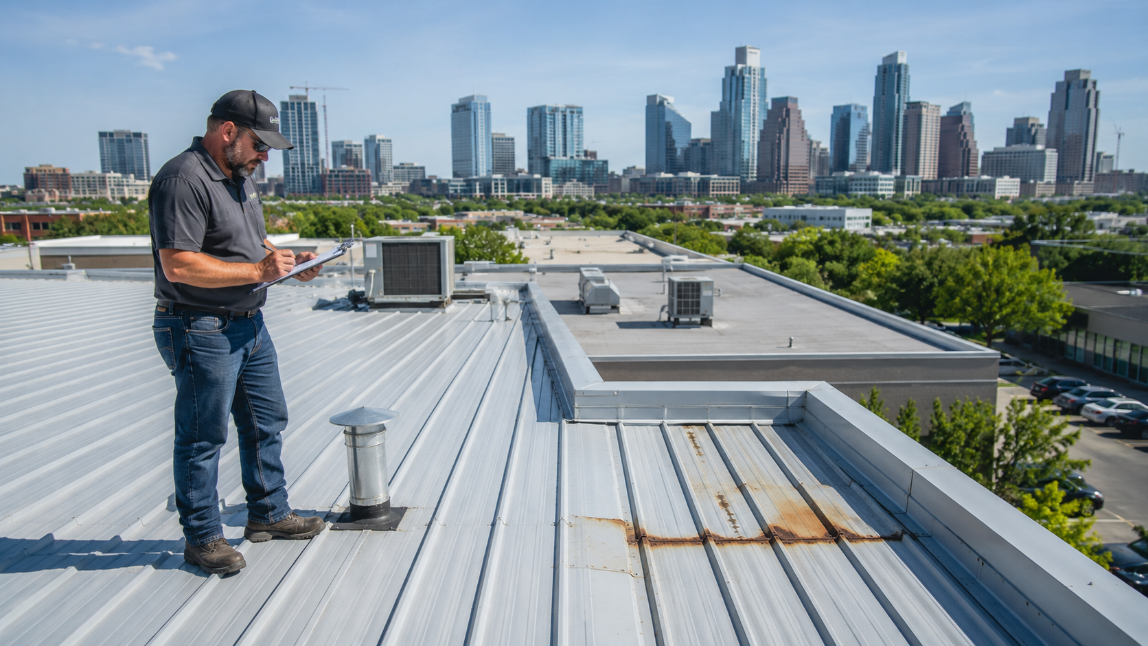 Commercial property owner and roofing expert inspecting metal roof in Austin, Texas.